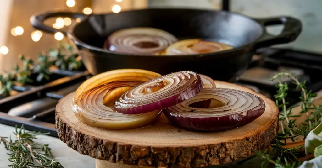 Thin slices of golden brown caramelized onions in a rustic kitchen setting, surrounded by fresh herbs.