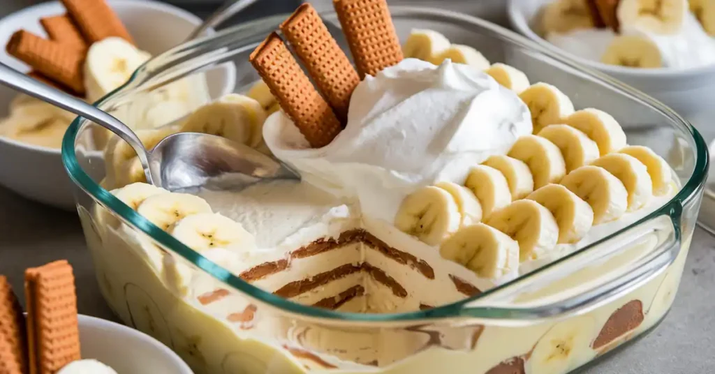 Banana pudding in a glass dish, showcasing layers of custard, bananas, and vanilla wafers, topped with whipped cream and garnished.