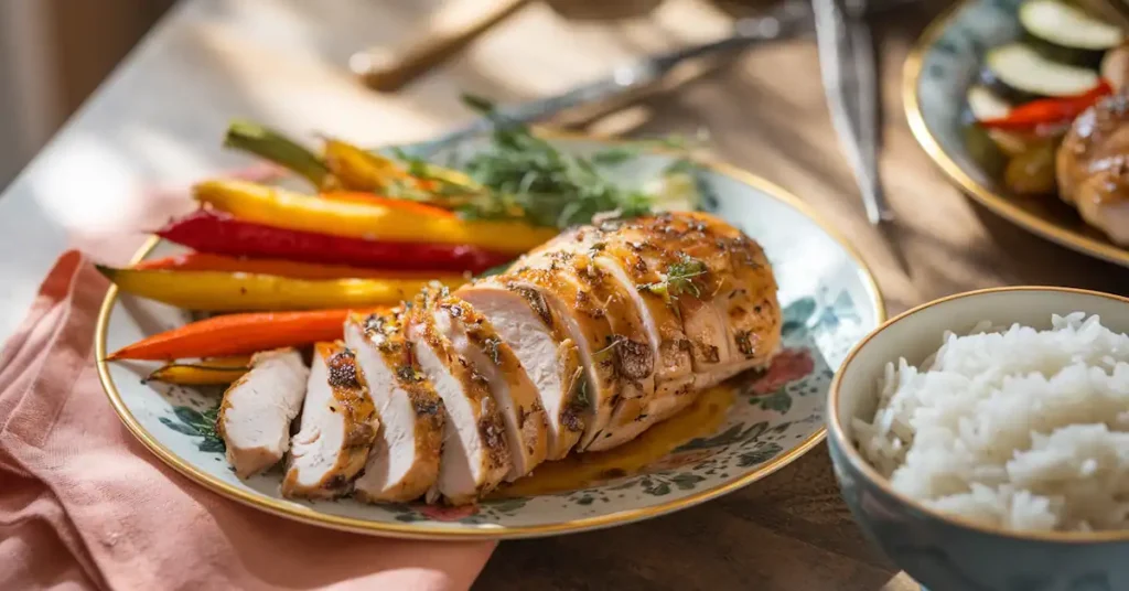 Plate of sliced chicken breast with herbs, roasted carrots, bell peppers, zucchini, and a bowl of fluffy rice.