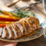 Plate of sliced chicken breast with herbs, roasted carrots, bell peppers, zucchini, and a bowl of fluffy rice.