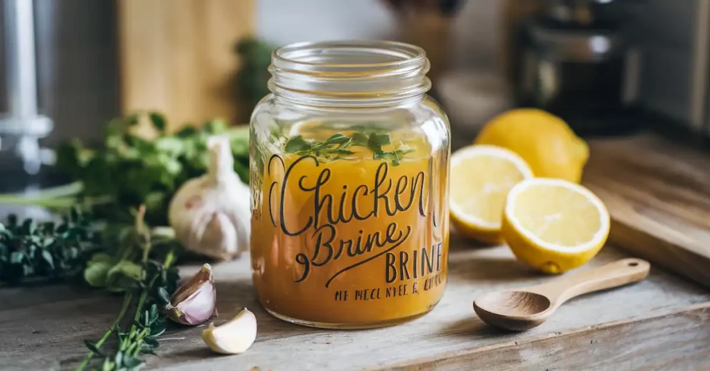 A stylish glass jar filled with chicken brine, surrounded by fresh herbs, garlic cloves, and lemon slices on a rustic wooden countertop.