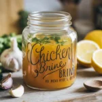 A stylish glass jar filled with chicken brine, surrounded by fresh herbs, garlic cloves, and lemon slices on a rustic wooden countertop.