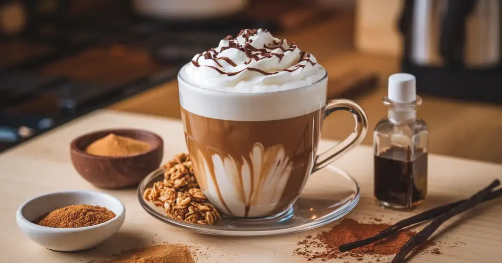 A cup of Coffee Loophole topped with frothed milk, whipped cream, and dark chocolate shavings, surrounded by brown sugar, vanilla extract, and granola.