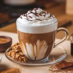 A cup of Coffee Loophole topped with frothed milk, whipped cream, and dark chocolate shavings, surrounded by brown sugar, vanilla extract, and granola.