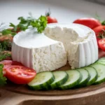 Half-sliced cottage cheese on a board with cucumbers, tomatoes, dill, and parsley.