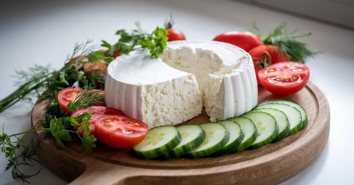 Half-sliced cottage cheese on a board with cucumbers, tomatoes, dill, and parsley.