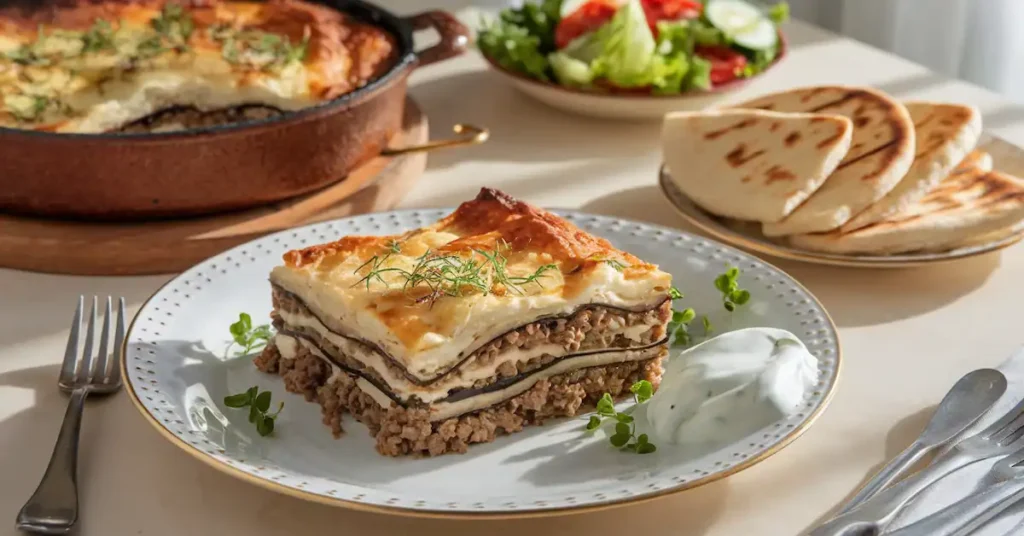 Classic Mediterranean Moussaka in a rustic dish, layered with eggplant, ground beef, and béchamel, served with salad, veggies, pita, and yogurt.