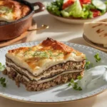 Classic Mediterranean Moussaka in a rustic dish, layered with eggplant, ground beef, and béchamel, served with salad, veggies, pita, and yogurt.