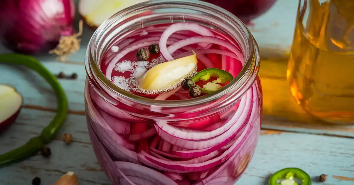 A beautifully styled jar filled with vibrant pickled red onions against a rustic wooden backdrop.