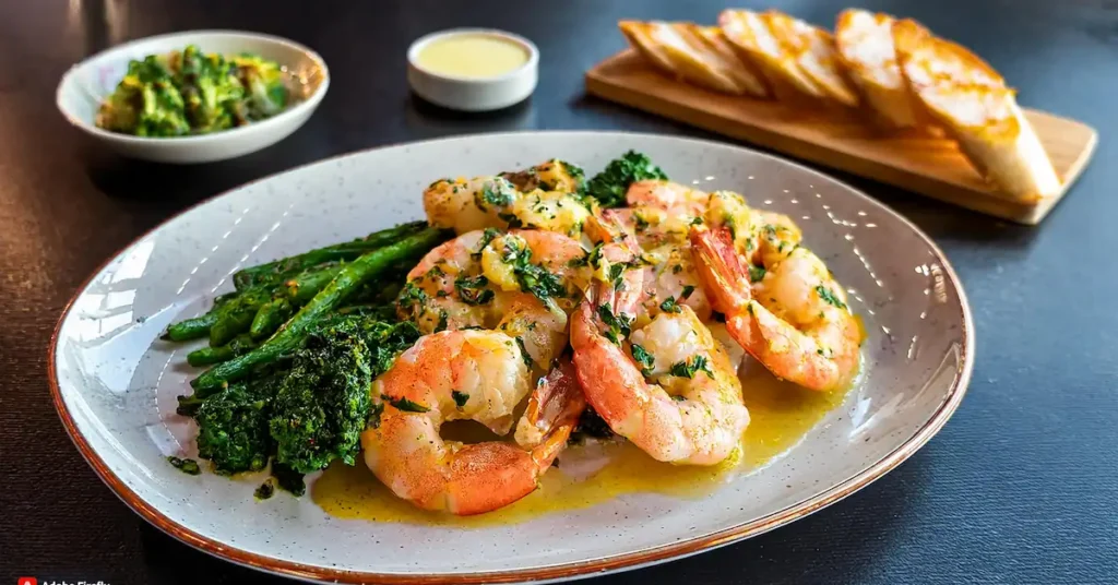 Plated shrimp garlic butter with sautéed vegetables, toasted baguette, and grilled steak, creating a gourmet surf-and-turf dining experience.