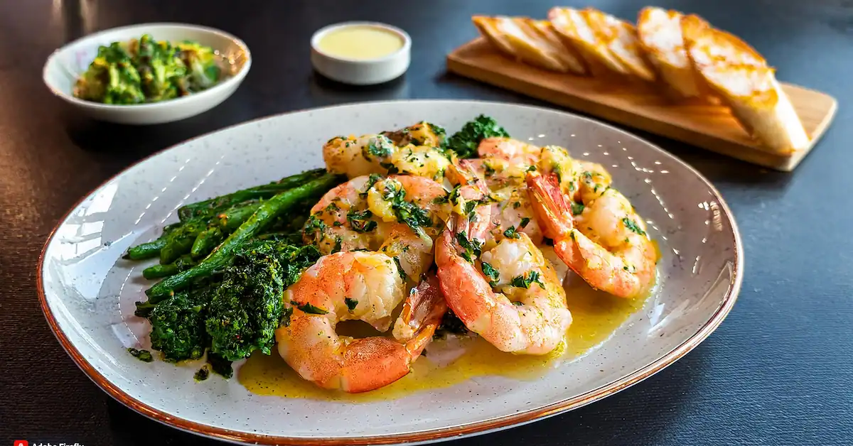 Plated shrimp garlic butter with sautéed vegetables, toasted baguette, and grilled steak, creating a gourmet surf-and-turf dining experience.