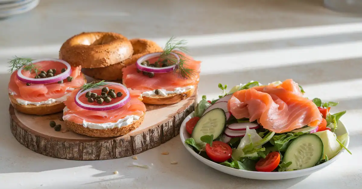 Bagels with cream cheese and smoked salmon beside a salad with avocado and cherry tomatoes.