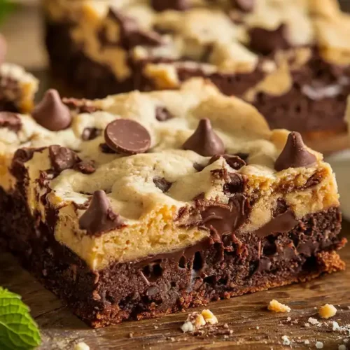 Close-up of freshly baked brookies with gooey brownie and cookie layers, served with a melting scoop of vanilla ice cream.