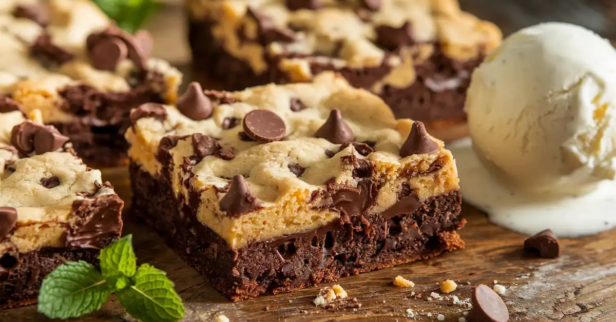 Close-up of freshly baked brookies with gooey brownie and cookie layers, served with a melting scoop of vanilla ice cream.