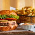 Delicious grilled burger with lettuce, tomato, pickles, and Can's Sauce served with crispy golden fries in a rustic basket.