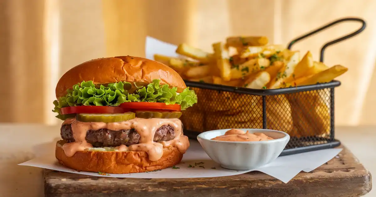 Delicious grilled burger with lettuce, tomato, pickles, and Can's Sauce served with crispy golden fries in a rustic basket.