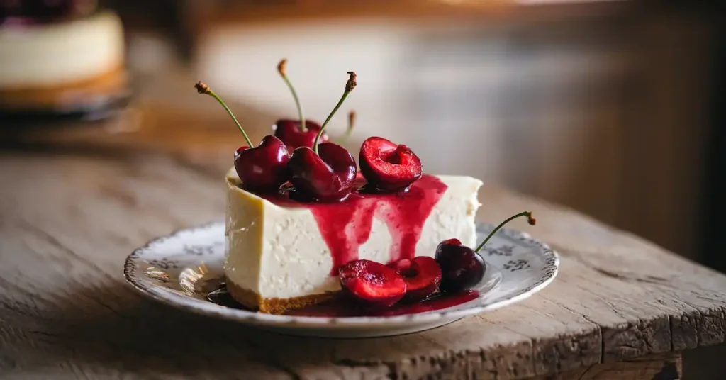 Slice of creamy cheesecake topped with vibrant cherry sauce and fresh cherries on a white plate, showcasing a delicious dessert.