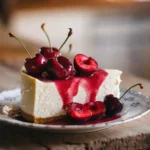 Slice of creamy cheesecake topped with vibrant cherry sauce and fresh cherries on a white plate, showcasing a delicious dessert.