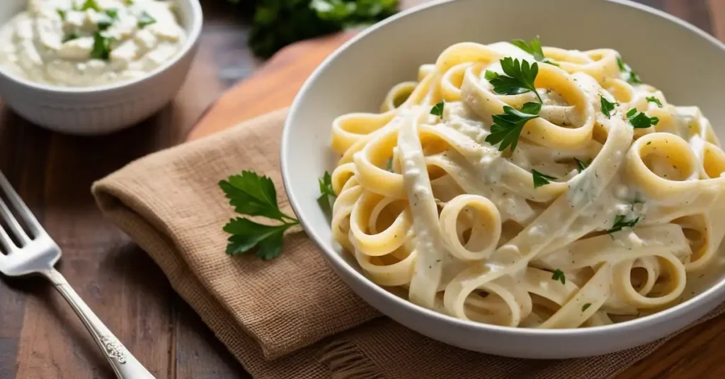 Fettuccine pasta topped with creamy cottage cheese Alfredo sauce and fresh parsley, with an extra bowl of sauce on the side.