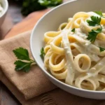 Fettuccine pasta topped with creamy cottage cheese Alfredo sauce and fresh parsley, with an extra bowl of sauce on the side.