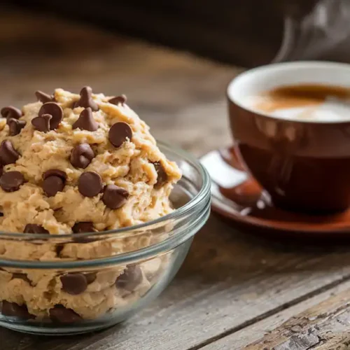 Bowl of cottage cheese cookie dough with chocolate chips next to a steaming cup of coffee on a rustic wooden table.