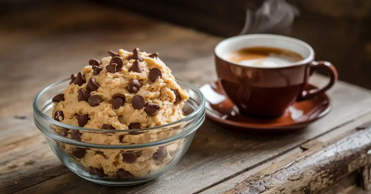 Bowl of cottage cheese cookie dough with chocolate chips next to a steaming cup of coffee on a rustic wooden table.