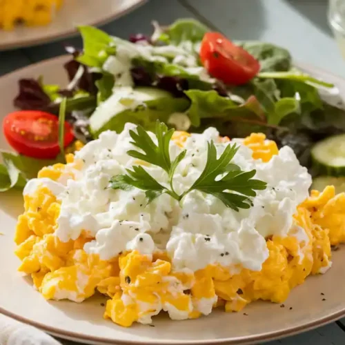 Cottage cheese and eggs dish topped with basil, alongside a fresh salad with lemon vinaigrette.