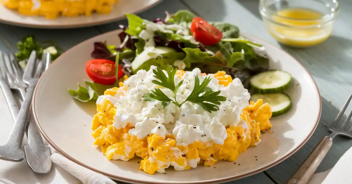 Cottage cheese and eggs dish topped with basil, alongside a fresh salad with lemon vinaigrette.