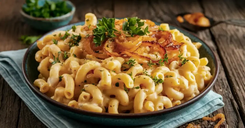 Creamy cottage cheese mac and cheese topped with fresh parsley and caramelized onions served in a rustic, cozy kitchen setting.