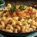 Creamy cottage cheese mac and cheese topped with fresh parsley and caramelized onions served in a rustic, cozy kitchen setting.