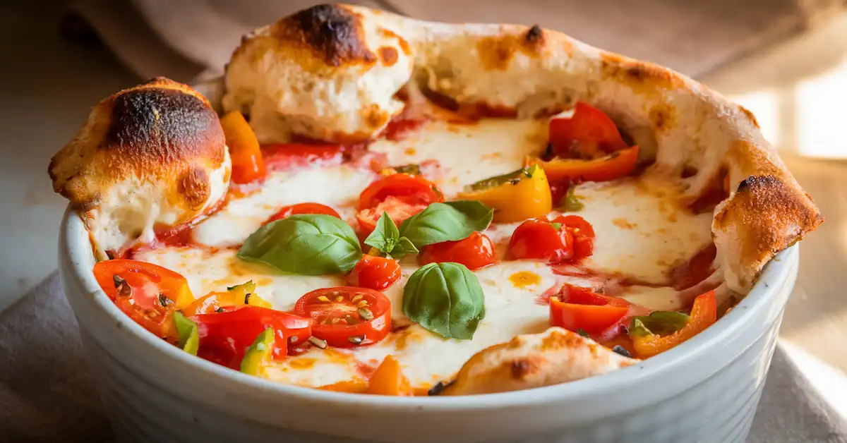 A colorful Cottage Cheese Pizza Bowl topped with mozzarella, bell peppers, cherry tomatoes, and basil on a rustic table.