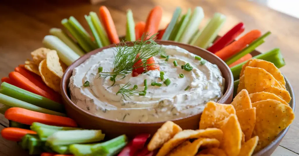 Bowl of creamy cottage cheese ranch dip garnished with herbs, surrounded by colorful vegetable sticks and crispy chips.