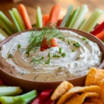 Bowl of creamy cottage cheese ranch dip garnished with herbs, surrounded by colorful vegetable sticks and crispy chips.