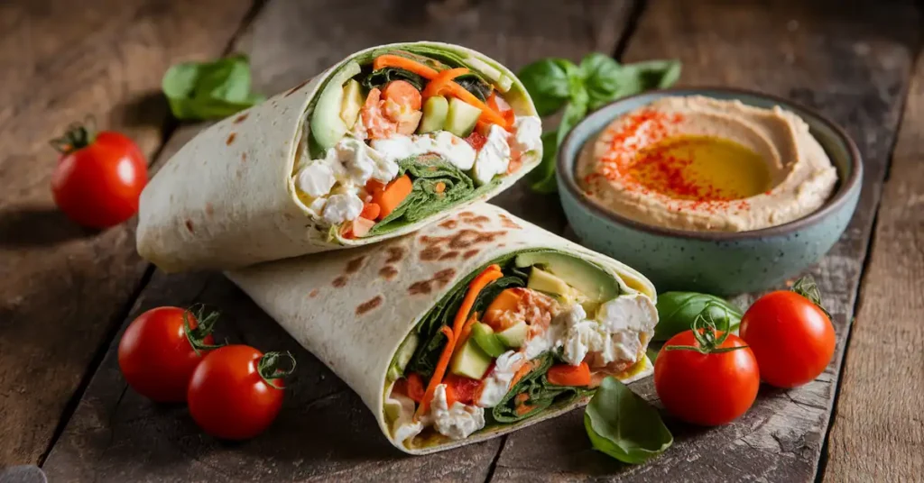 Vibrant tortilla wrap filled with cottage cheese, avocado, cucumber, carrots, and spinach, served with hummus and cherry tomatoes.