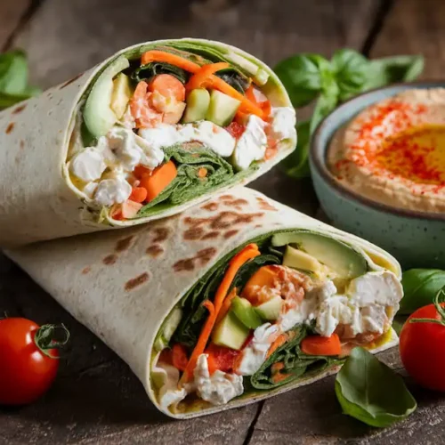 Vibrant tortilla wrap filled with cottage cheese, avocado, cucumber, carrots, and spinach, served with hummus and cherry tomatoes.