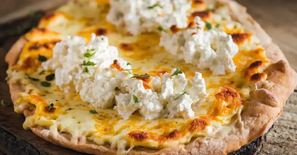 Golden-brown cottage cheese flatbread topped with melted cheese, garlic butter, and herbs.