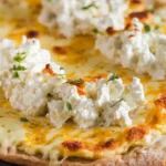 Golden-brown cottage cheese flatbread topped with melted cheese, garlic butter, and herbs.