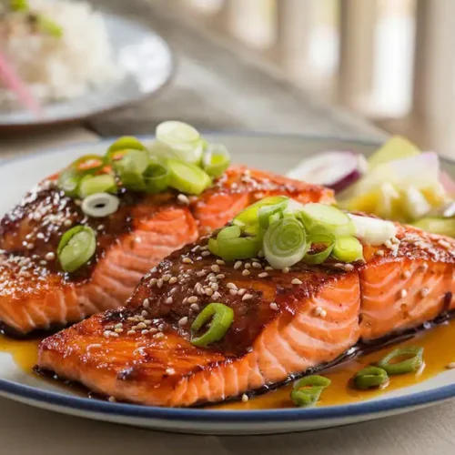 Glazed miso salmon fillets garnished with green onions and sesame seeds, served with rice and pickled vegetables on a rustic wooden table.