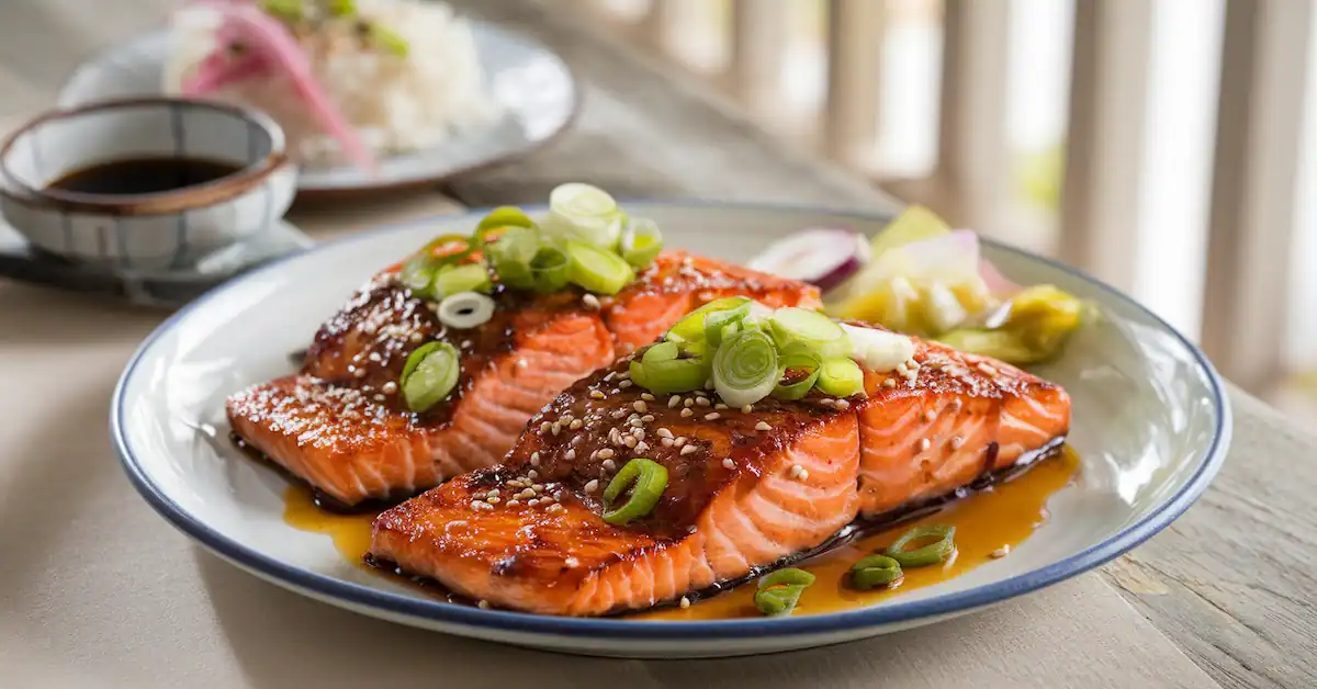 Glazed miso salmon fillets garnished with green onions and sesame seeds, served with rice and pickled vegetables on a rustic wooden table.