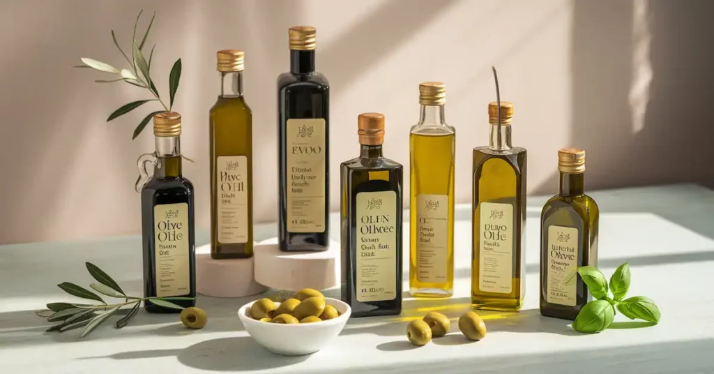 Various types of olive oil bottles arranged on a light wooden surface, with green olives and fresh basil, illustrating the choice of the right oil.