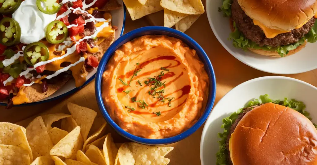 Rotel dip served with tortilla chips, loaded nachos, and a burger topped with cheesy Rotel dip.