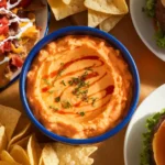 Rotel dip served with tortilla chips, loaded nachos, and a burger topped with cheesy Rotel dip.