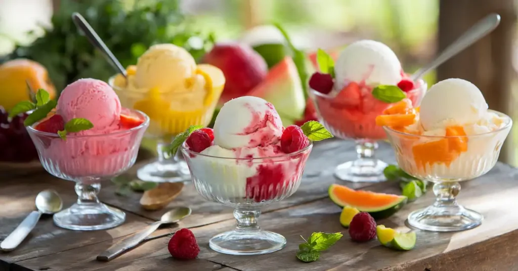 Colorful sherbet ice cream in bowls with flavors like raspberry basil, mango lime, and orange vanilla, garnished with fresh fruit and mint leaves, perfect for summer.