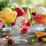 Colorful sherbet ice cream in bowls with flavors like raspberry basil, mango lime, and orange vanilla, garnished with fresh fruit and mint leaves, perfect for summer.