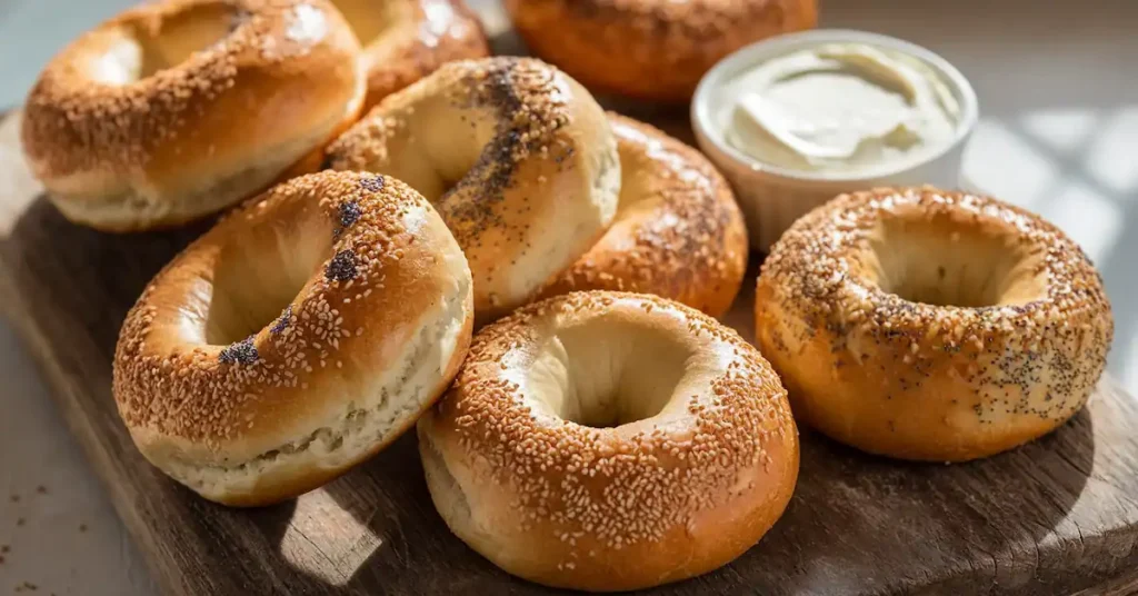 Freshly baked sourdough bagels with sesame and poppy seeds on a wooden cutting board with cream cheese.