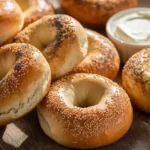 Freshly baked sourdough bagels with sesame and poppy seeds on a wooden cutting board with cream cheese.