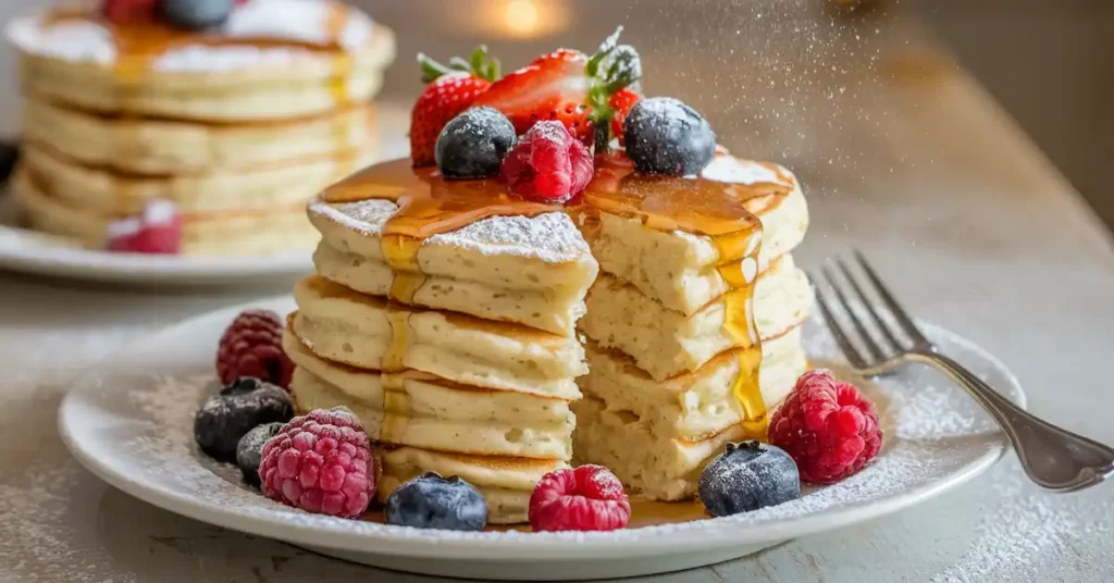 Fluffy cottage cheese pancakes topped with maple syrup, fresh berries, and powdered sugar, served on a rustic wooden table.