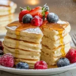 Fluffy cottage cheese pancakes topped with maple syrup, fresh berries, and powdered sugar, served on a rustic wooden table.