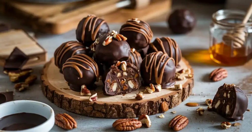 Delicious chocolate pecan pie balls with graham cracker, dates, honey, and dark chocolate, perfect for a sweet treat recipe.