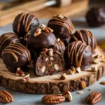 Delicious chocolate pecan pie balls with graham cracker, dates, honey, and dark chocolate, perfect for a sweet treat recipe.